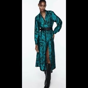 Zara Turquoise Shirt Dress, Luxe fabric, Midi length, size XS, NWT, Fall